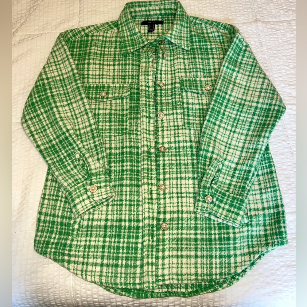 Forever 21 Green White Plaid Shacket with Pearly Buttons and Pockets